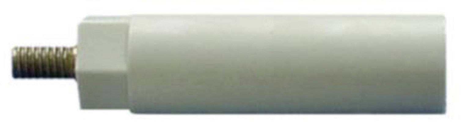 Ein zylindrisches, weißes Bauteil mit einem metallischen Gewinde auf einer Seite.