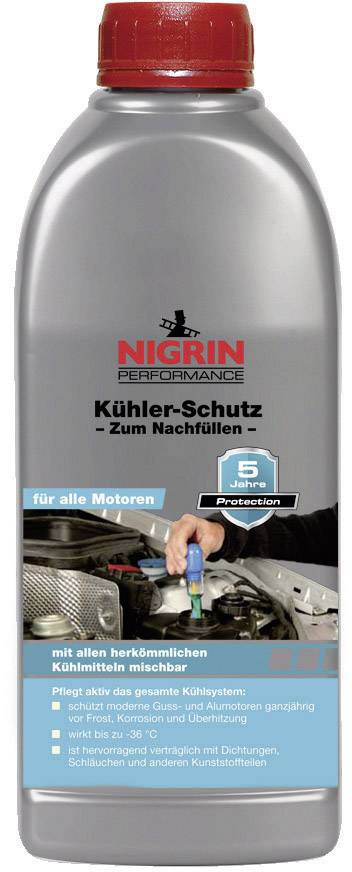 'Kühler-Schutz' Flasche von Nigrin. Geeignet für alle Motoren. Mischen mit herkömmlichen Kühlerflüssigkeiten möglich. Schützt bis -35°C.