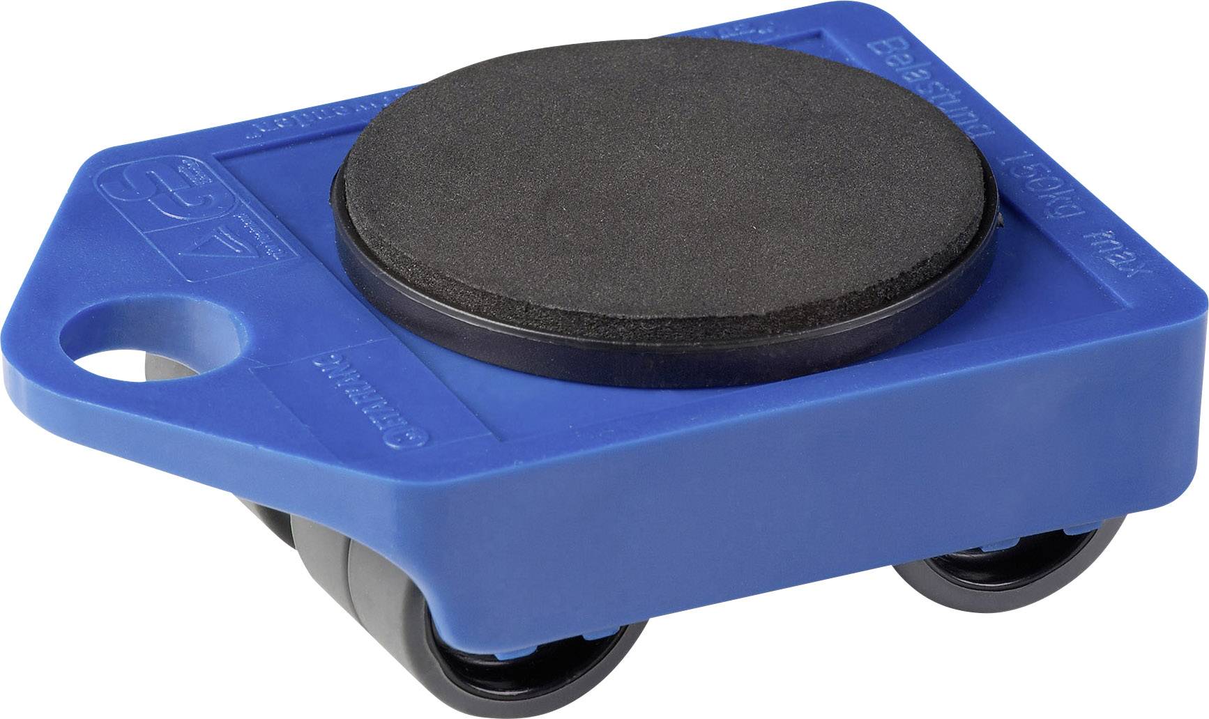 Ein kleiner, blauer Transportroller mit zwei Rollen und einer schwarzen runden Plattform, geeignet zum Bewegen von schweren Gegenständen.