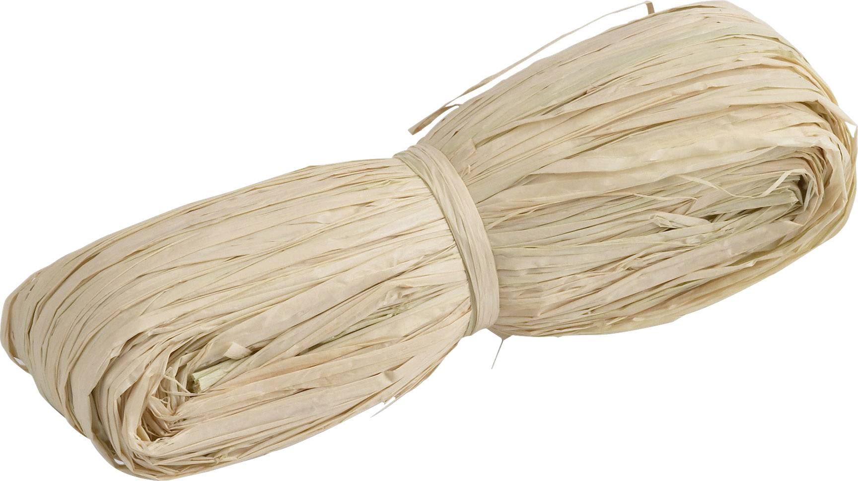 Ein Bündel Raffiabast, mit einem Gummiband zusammengehalten. Es ist beige und eignet sich zum Basteln oder Verpacken.
