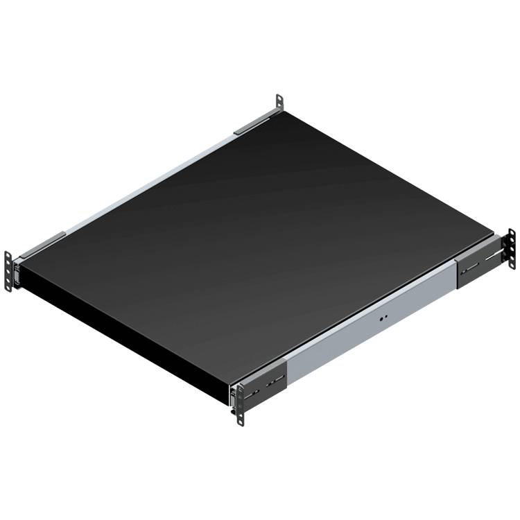 Ein schwarzes Rack-Montage-Tablett in einer perspektivischen Ansicht, mit Metallhalterungen an den Seiten zur Befestigung in einem Serverrack.