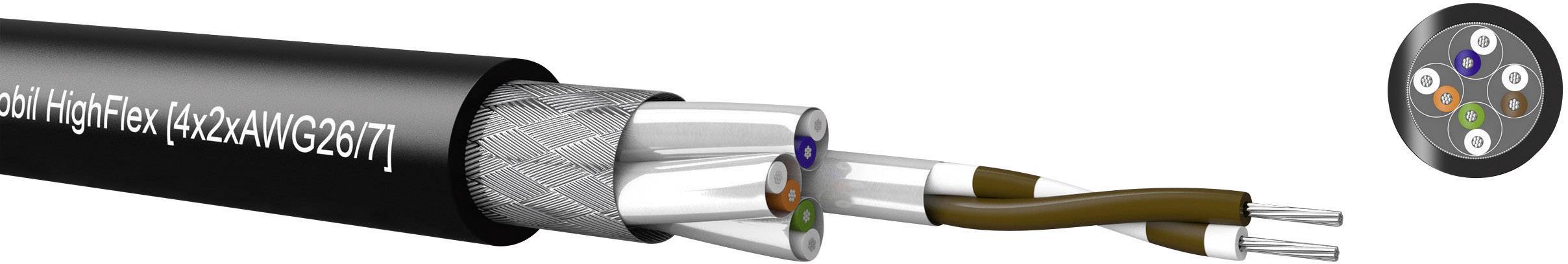 Ein schwarzes, flexibles Kabel mit mehradrigem Aufbau, teils abisoliert, zeigt die inneren farbigen Drahtstränge eines industriellen Kabels.