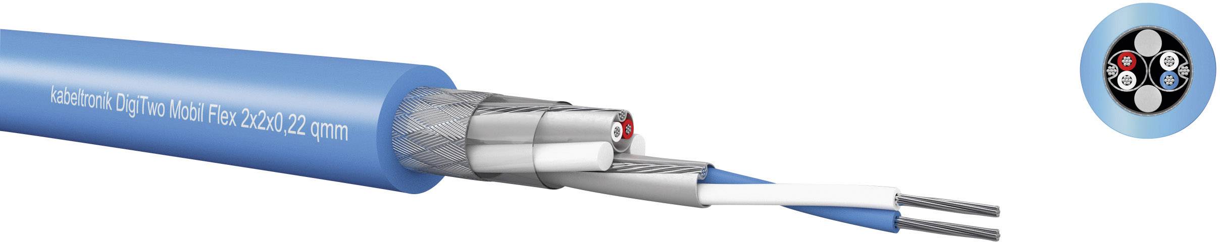 Ein blaues, flexibles Ethernet-Kabel mit Aufschrift 'Industrial Gig 100 Mbit Flex 2x2x22 awg', mit Schnittansicht der inneren Drähte.