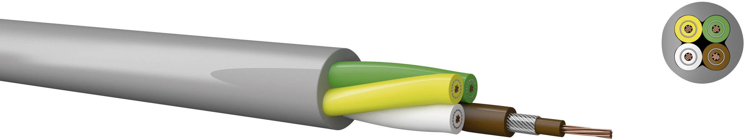 Ein graues Kabel mit drei farbigen Innenleitern: Grün-Gelb, Weiß, und Braun. Das Kabelende zeigt den Querschnitt der Innenleiter.