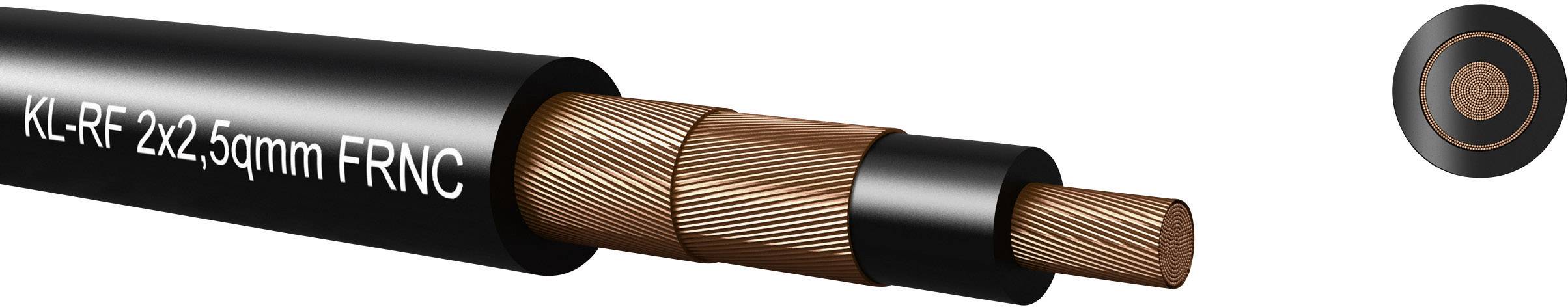 Koaxialkabel mit der Aufschrift 'KL-RF 242.5mm FRNC', bestehend aus mehreren Schichten, die einen zentralen Kupferkern umgeben.