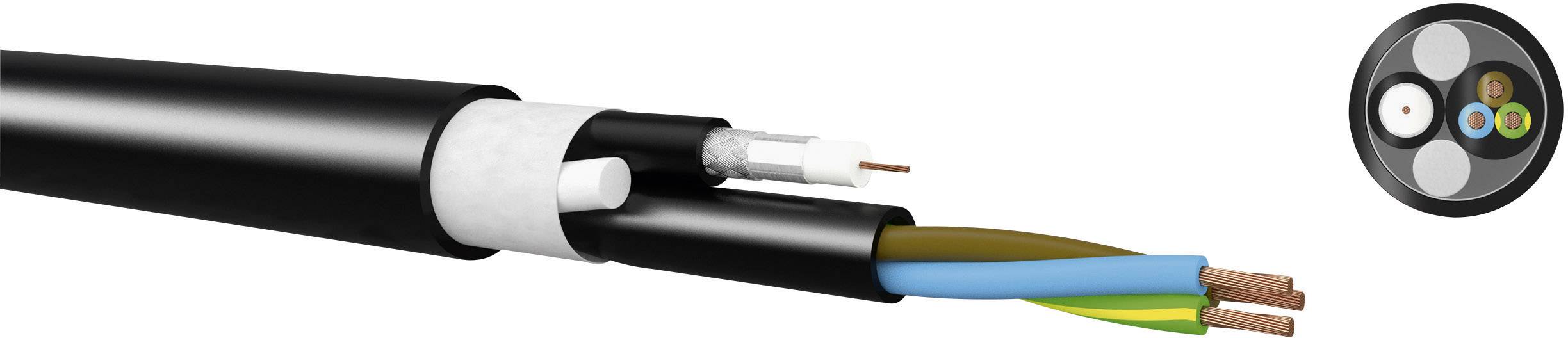 Ein Querschnitt eines Stromkabels mit drei Leitern: einem gelb-grünen, einem braunen und einem blauen Draht, umgeben von schwarzer Isolierung.