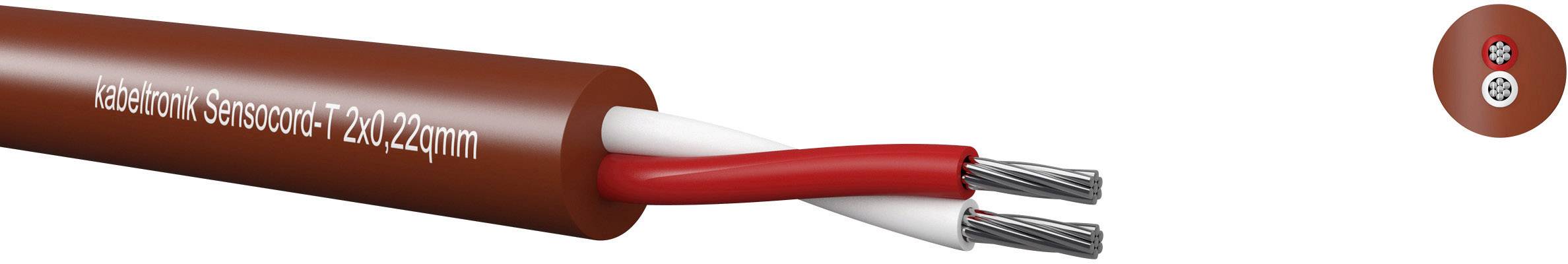 Braunes Sensorkabel mit Bezeichnung 'Kabeltronik Sensorkabel 2x0,22mm'. Zeigt rote und weiße Drähte im Querschnitt rechts.