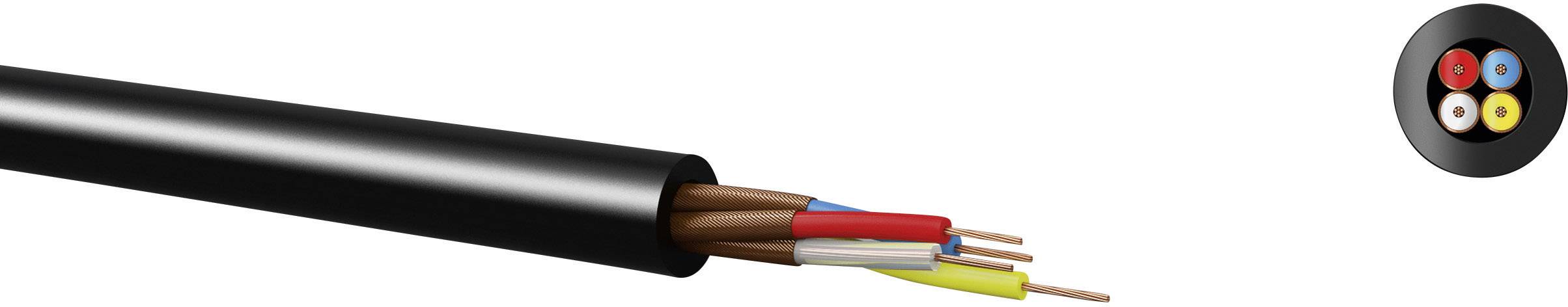 Ein schwarzes Kabel mit freiliegenden farbigen Drähten in Braun, Blau, Gelb und Weiß zeigt die Innenstruktur des Kabels.