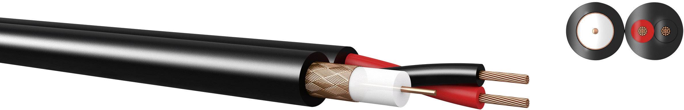 Abbildung eines Koaxialkabels mit verschiedenen Schichten: äußerer schwarzer Mantel, Abschirmung, Isolierung und Kupferleiter.