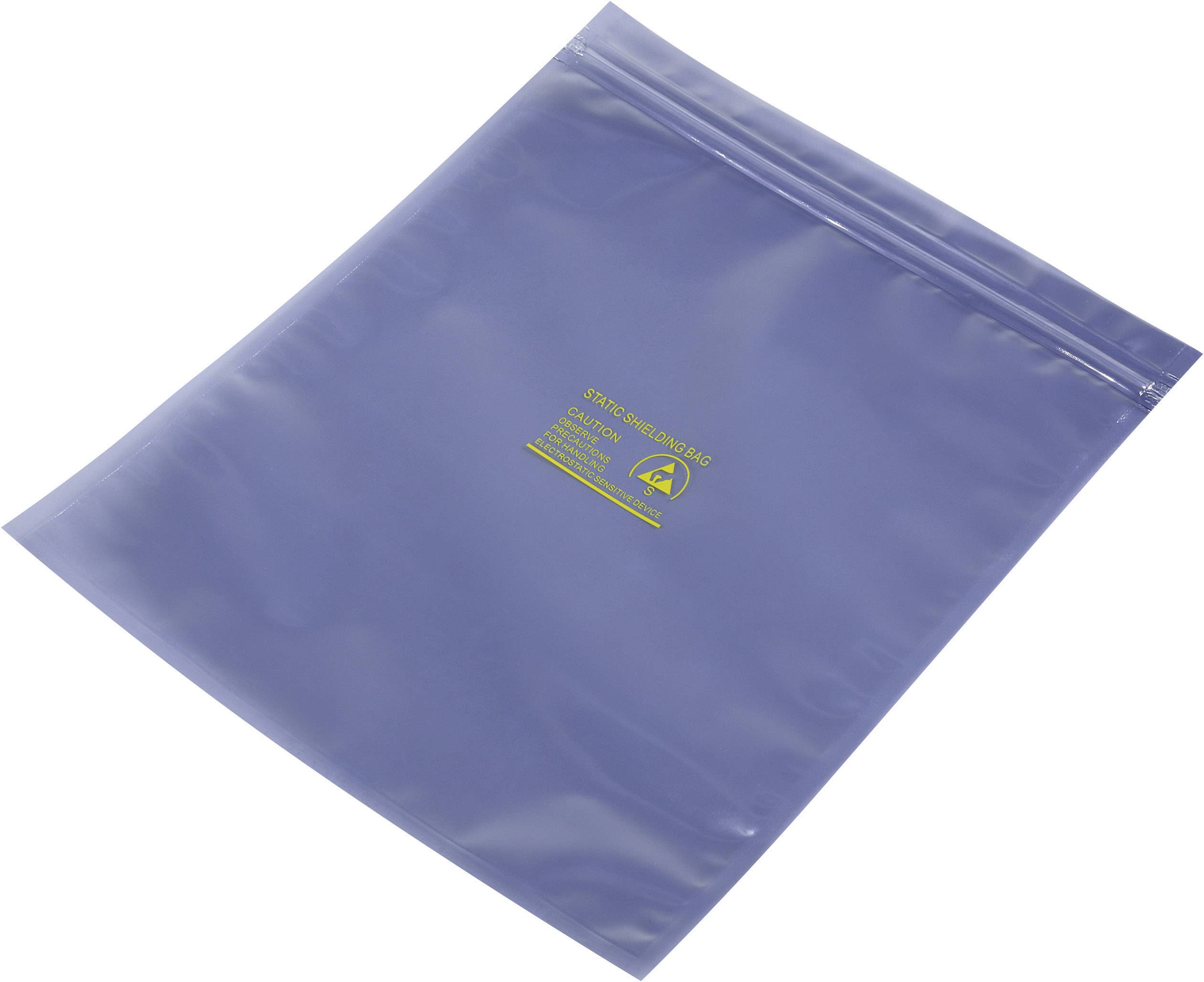 Ein blaues antistatisches Kunststoffbeutel mit einem gelben Warnsymbol und Text, das Schutz vor elektrischen Entladungen bietet.
