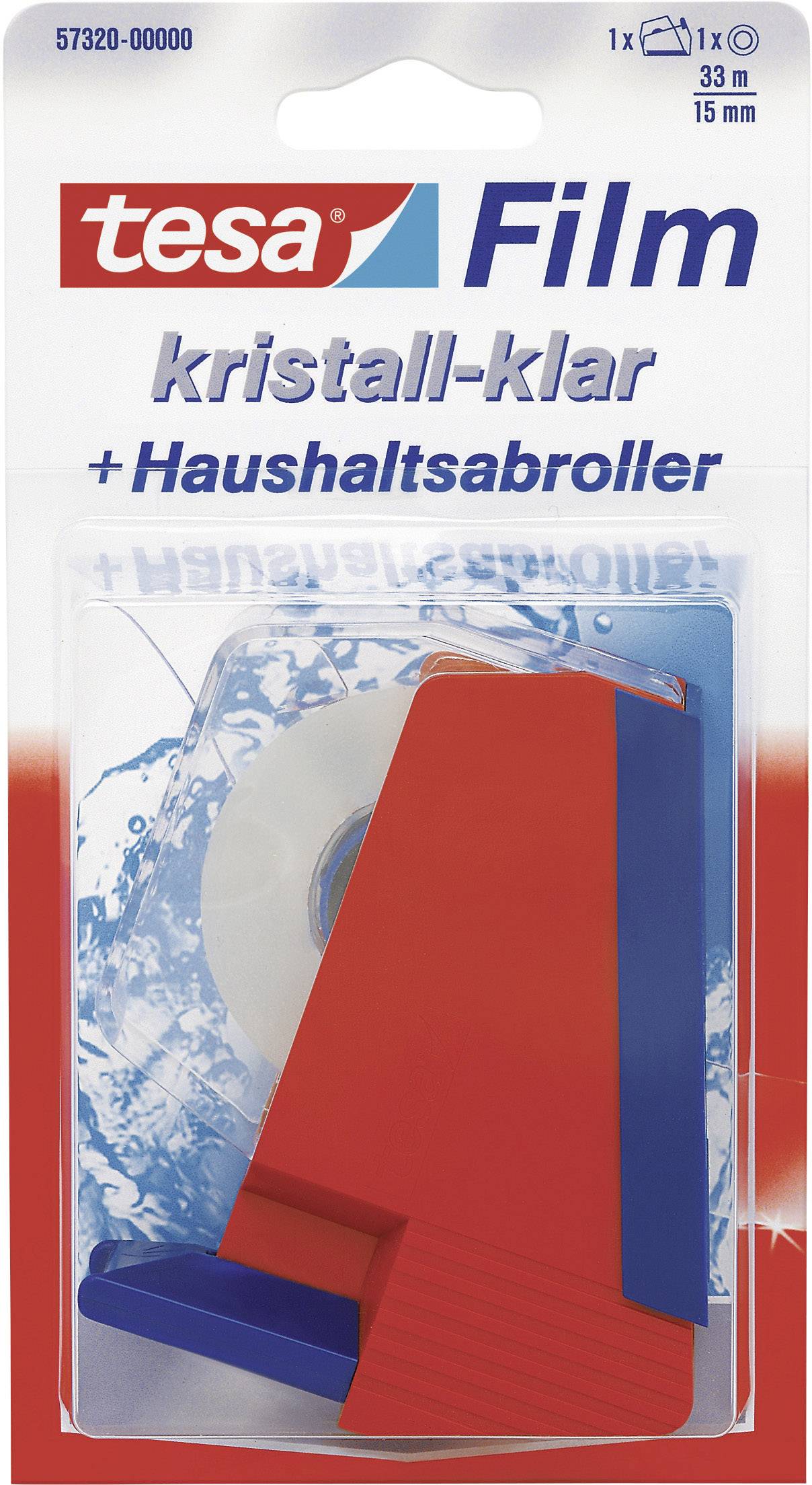 'Verpackung von Tesa Film kristall-klar' zeigt einen Haushaltsabroller mit durchsichtigem Klebeband.