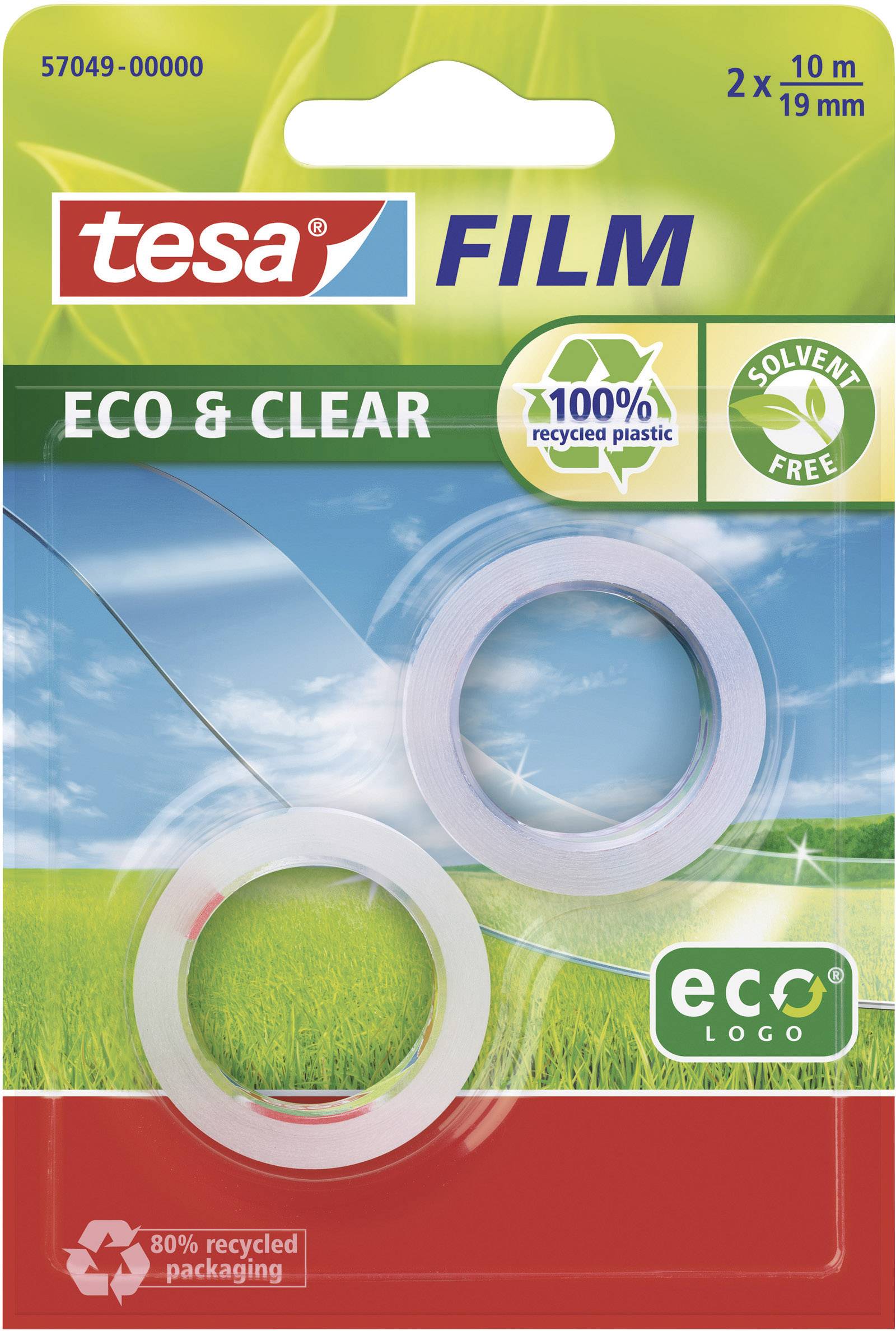 Zwei Rollen transparentes Klebeband 'tesa FILM', umweltfreundlich mit 100% recyceltem Plastik, lösemittelfrei, in grüner Verpackung.