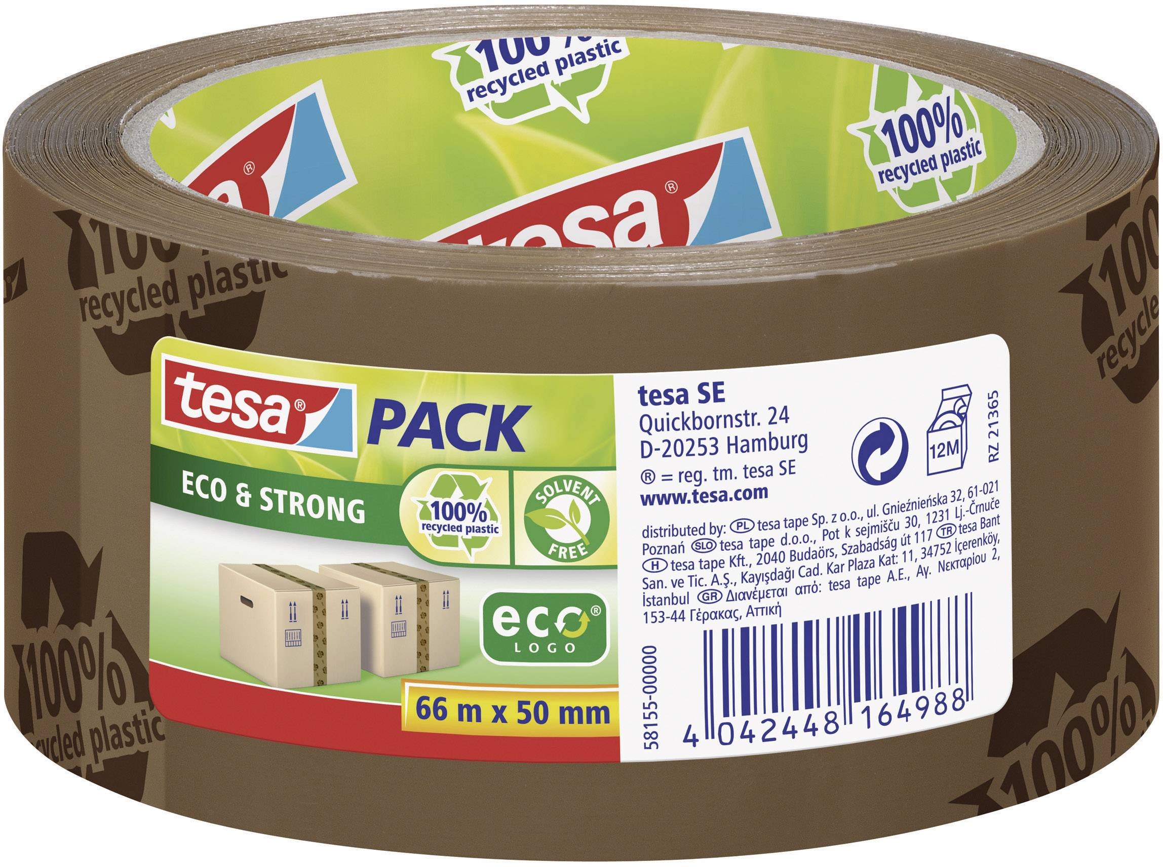 Braunes Verpackungsband von Tesa, recyceltes Plastik, 66 m x 50 mm, 'ECO & STRONG', abgebildete Kartons, blaue Etikettinfos.