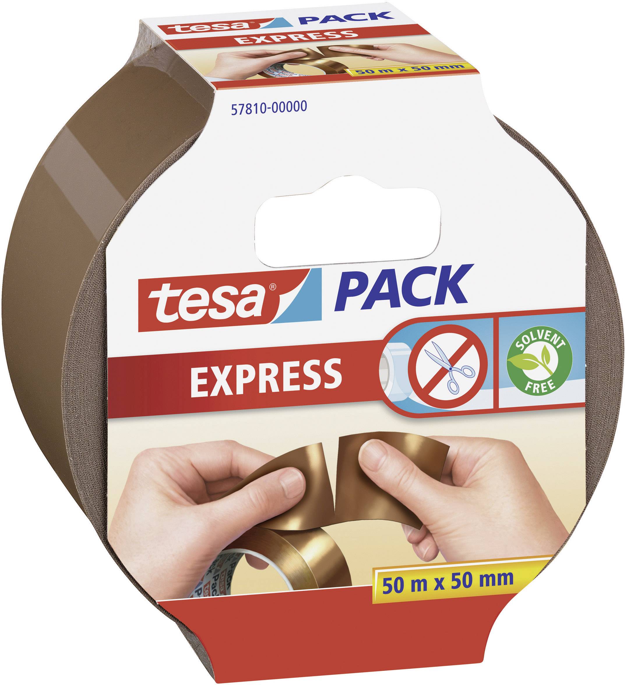 Eine Rolle braunes Packband der Marke 'tesa PACK', beschriftet mit 'EXPRESS', 'lösungsmittelfrei' und Abmessungen 50 m x 50 mm.