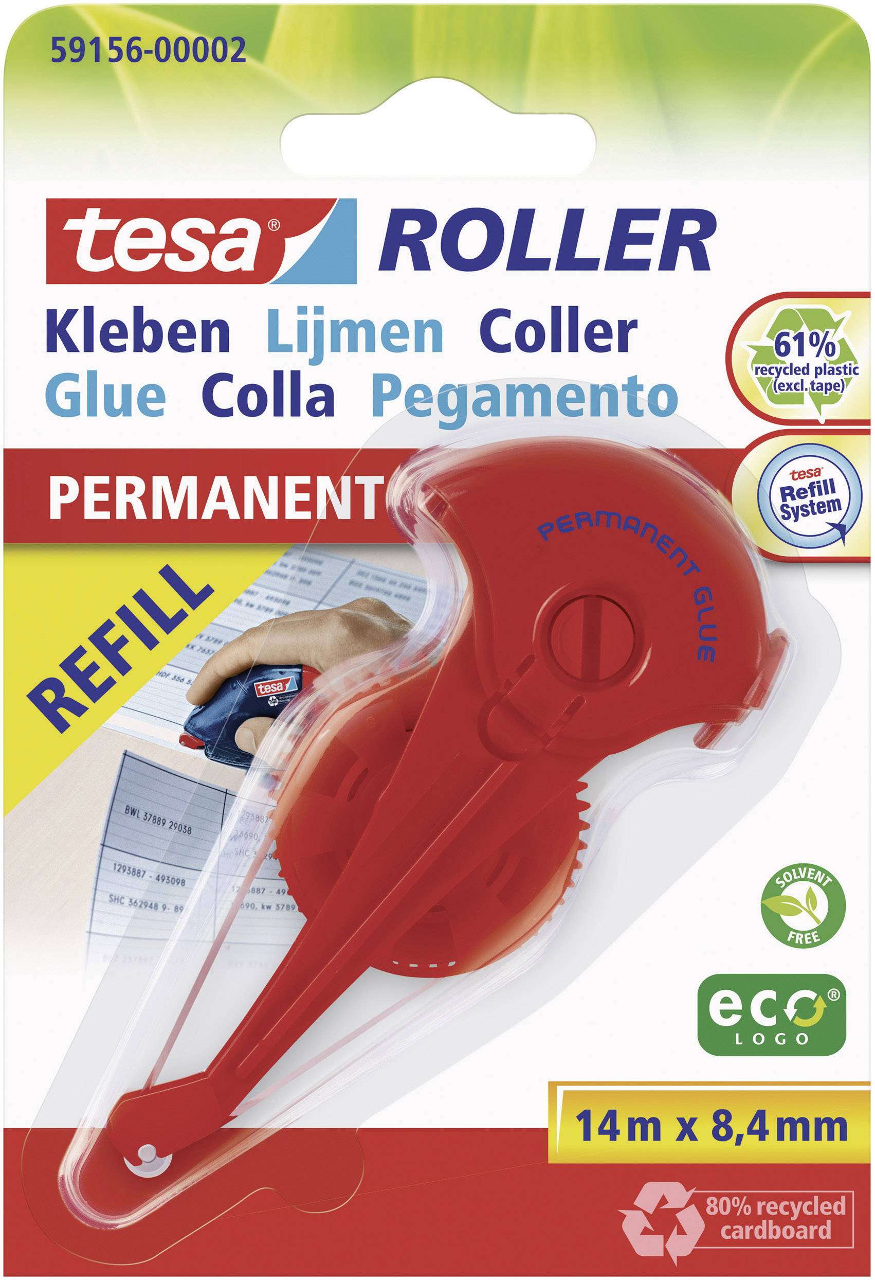 Nachfüllbarer Tesa Kleberoller, permanent, in Verpackung. Enthält Kleber in verschiedenen Sprachen und ECO-Logo. 14m x 8,4mm.
