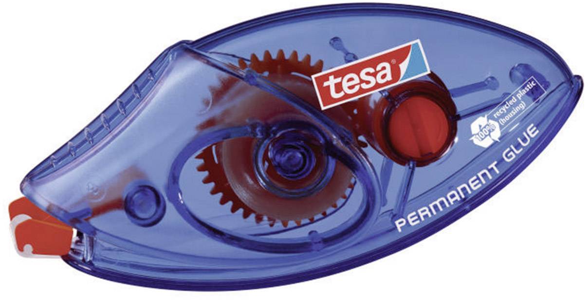 Ein transparenter blauer Kleberoller von Tesa mit einem roten Zahnrad, beschriftet mit 'Permanent Glue'.