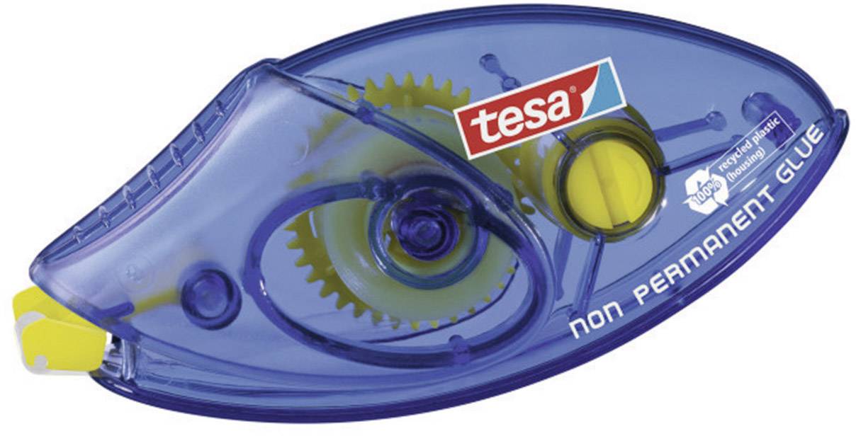 Kleberoller von Tesa in blau, transparentem Gehäuse. Geeignet zum sauberen Auftragen von nicht permanentem Kleber auf Papier.