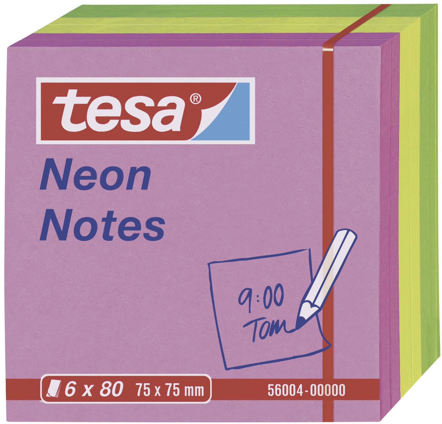 Bunte Haftnotizen im Stapel, Marke 'tesa', Größe 75 x 75 mm. Vorderer Notiz zeigt handgeschrieben '9:00 Tom'. 6 Blöcke mit je 80 Notizen.