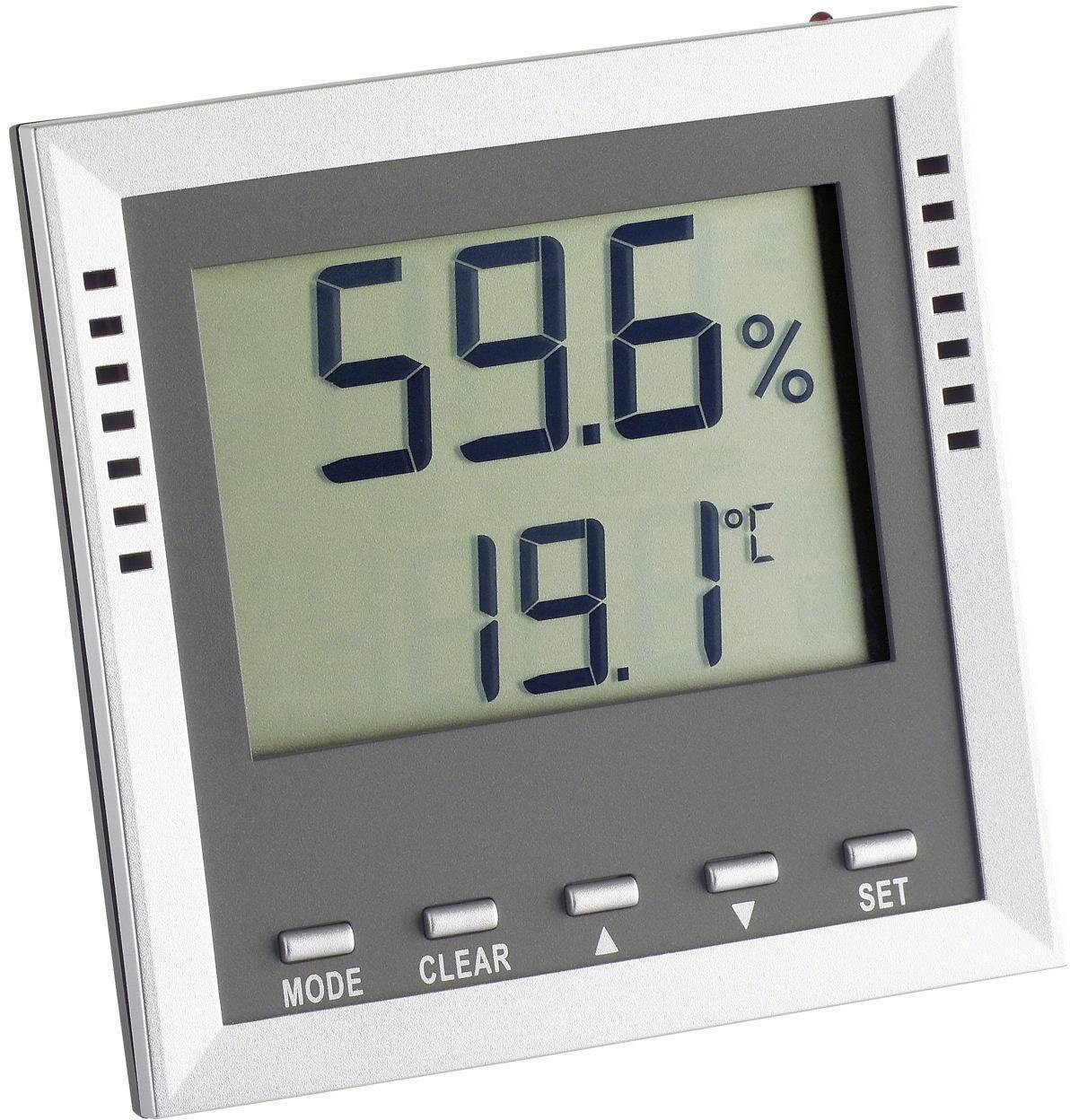 Ein digitales Thermometer-Hygrometer zeigt '59,6%' Luftfeuchtigkeit und '19,1°C' Temperatur an.