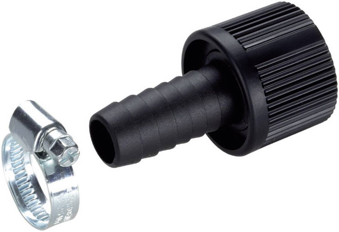 Schwarze Kunststoff-Schlauchtülle mit geripptem Griff und silberner metallischer Schlauchschelle zur Befestigung an Schläuchen.
