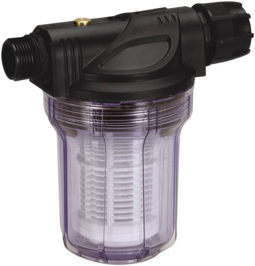 Wasserfilter mit durchsichtigem Kunststoffgehäuse und schwarzem Deckel, zeigt das innere Filterelement, geeignet für Haushaltsanwendungen.