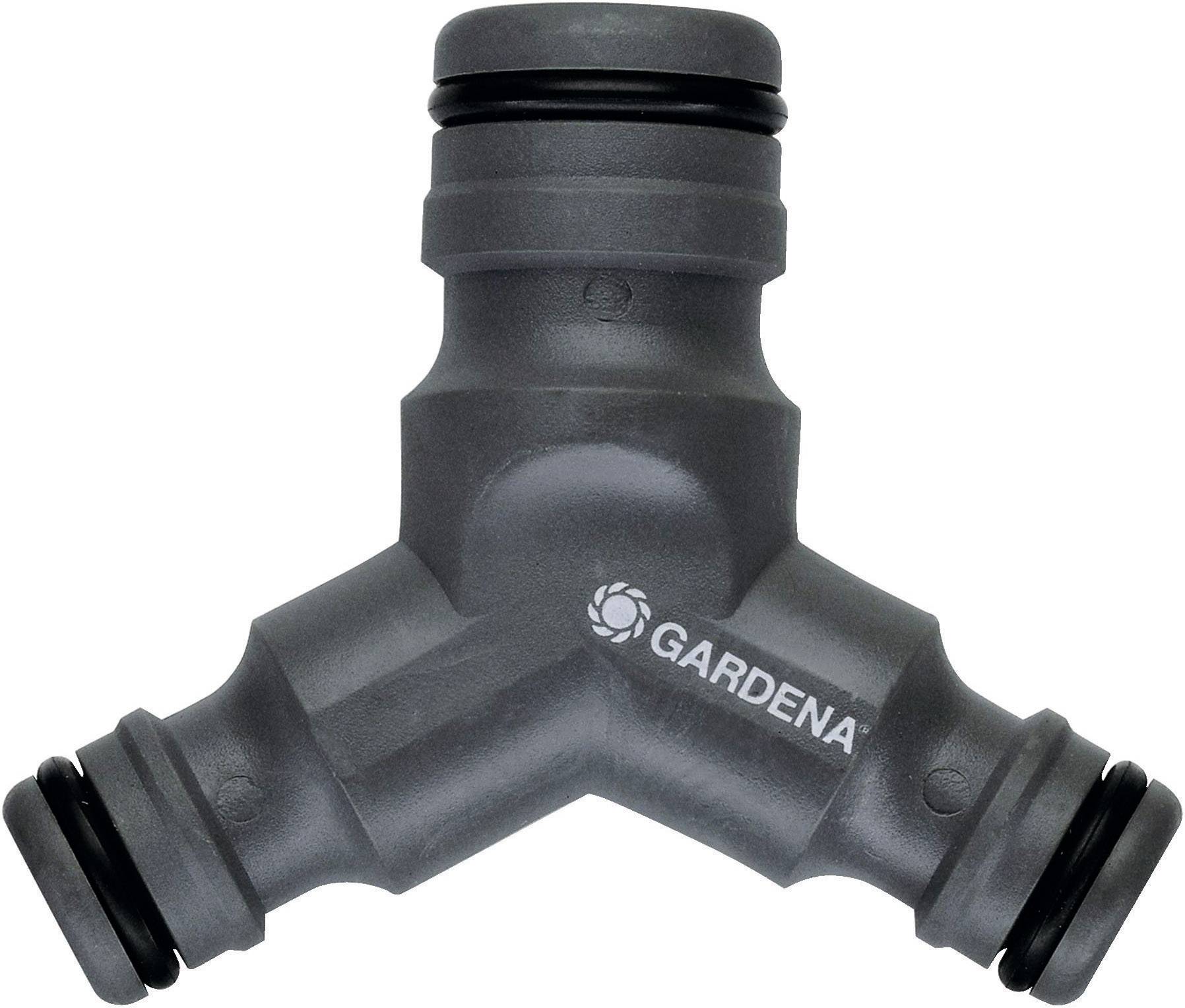 Y-Verteiler von Gardena zur Verbindung von drei Wasserschläuchen, passend für Gartensysteme, schwarz mit Dichtungsringen.