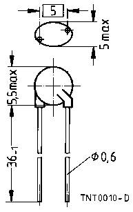 Technische Zeichnung eines elektronischen Bauteils mit Maßen: Höhe 36,1 mm, Durchmesser 5 mm, Pin-Durchmesser 0,6 mm.