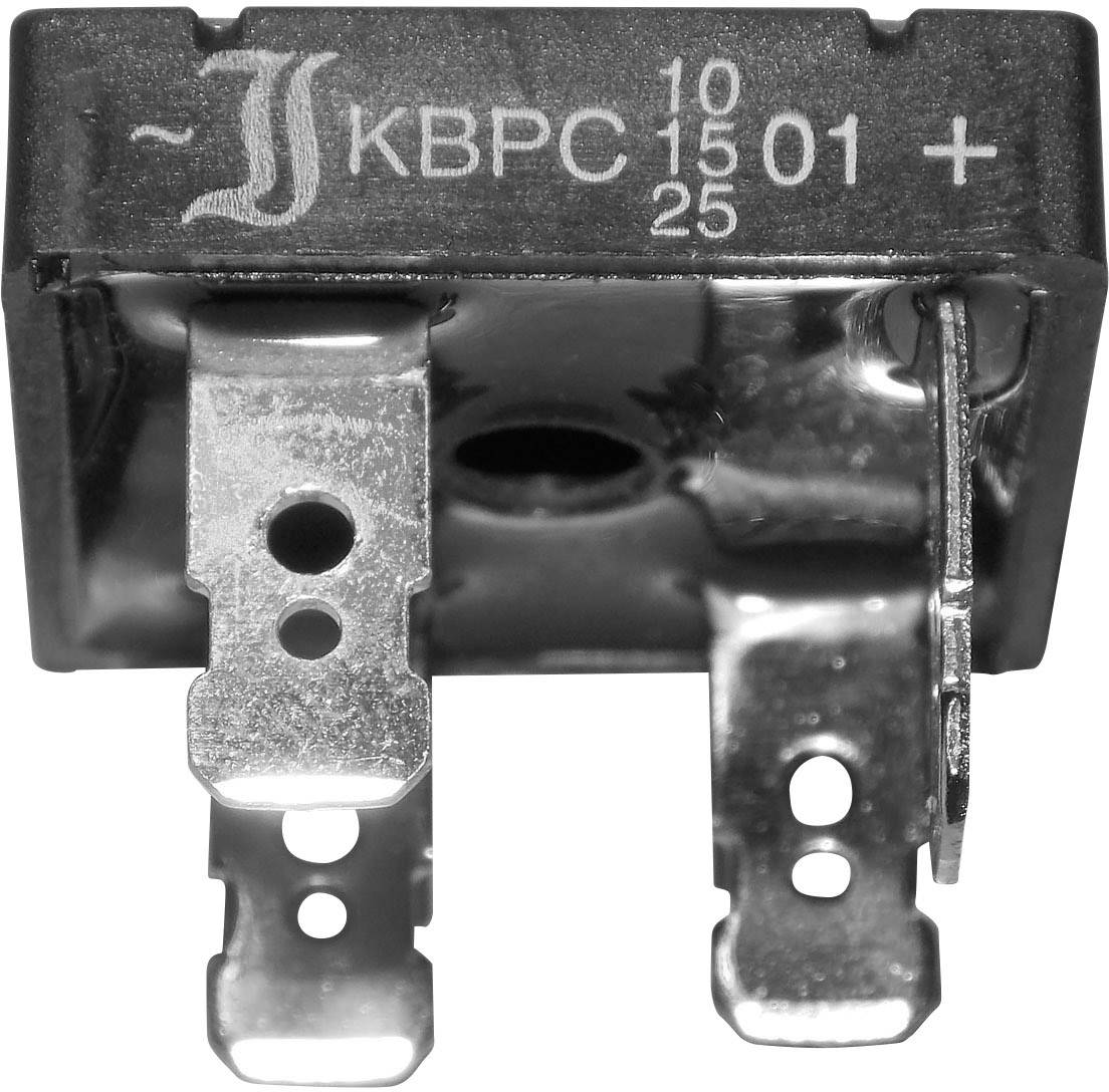 Gleichrichter-Diodenbrücke mit vier Anschlüssen, markiert mit 'KBPC 1001 25', gekennzeichnet mit Plus- und Wechselsymbolen oben.
