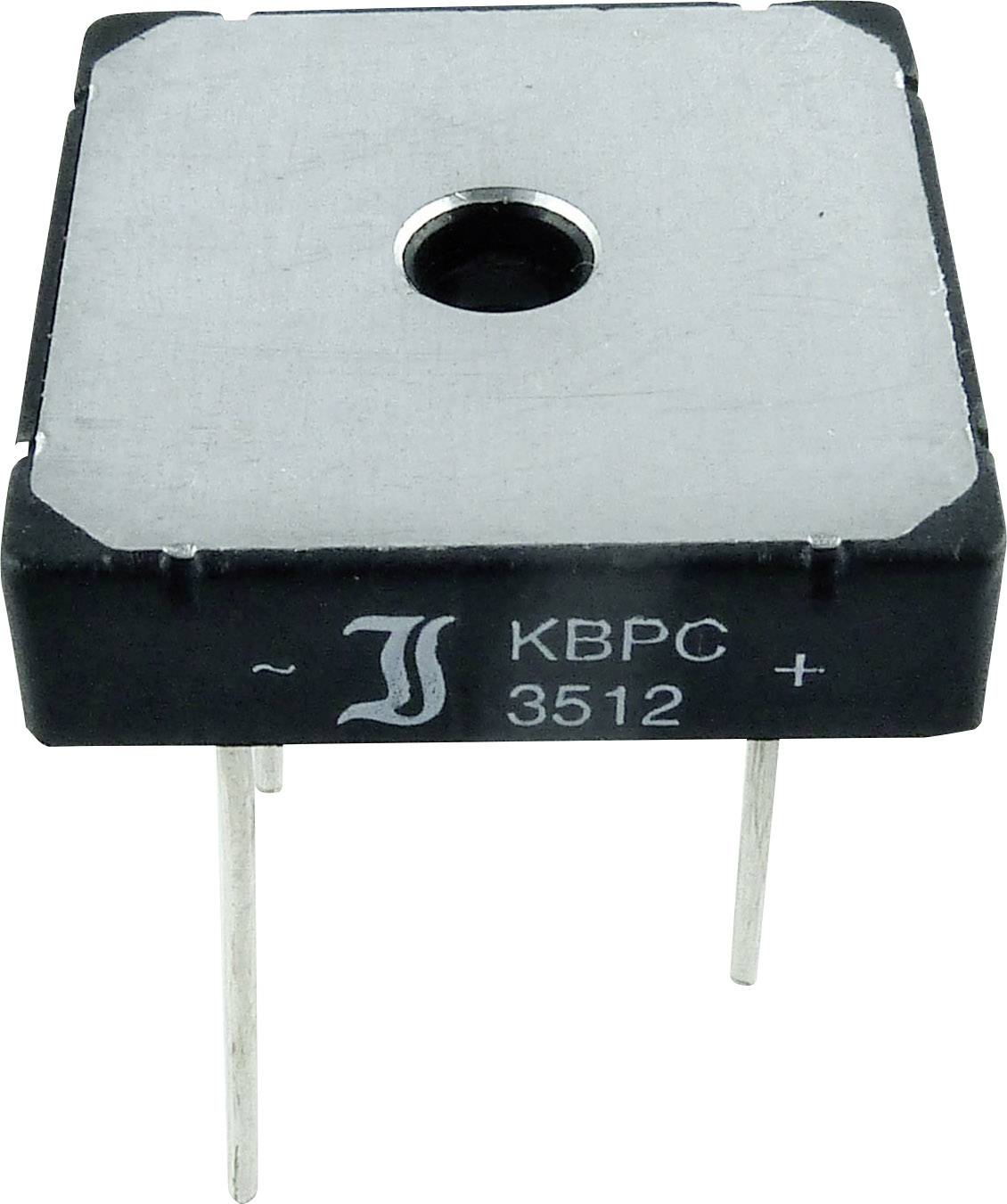 Ein Brückengleichrichter (Modell 'KBPC 3512') in quadratischer Form, mit vier Anschlussbeinen, typischerweise verwendet zur Umwandlung von Wechselstrom in Gleichstrom.