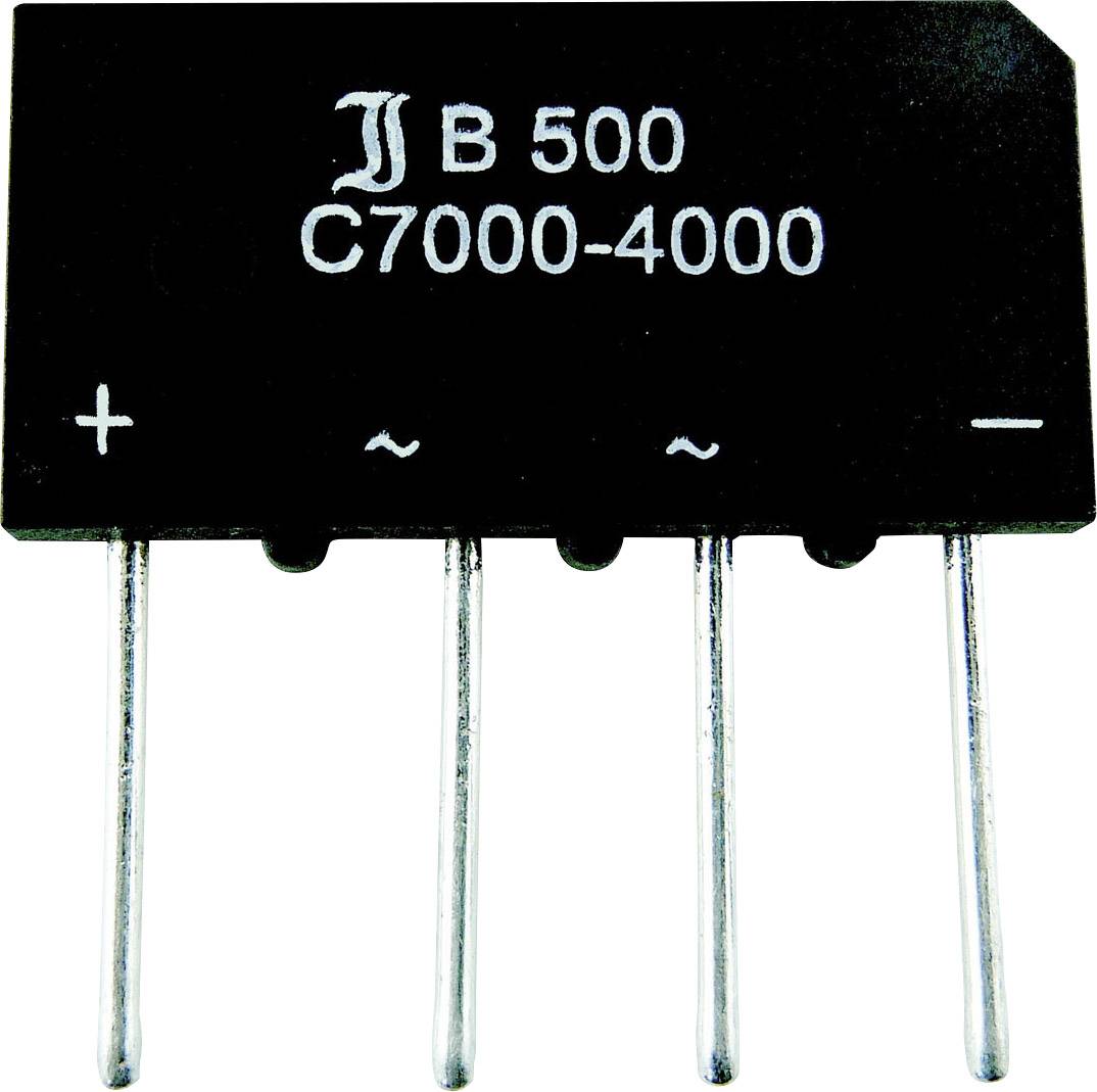 Gleichrichter-IC mit der Aufschrift 'B 500 C7000-4000', zeigt vier Stifte für Stromanschlüsse, zwei mit Plus/Minuszeichen, zwei mit Wellenlinie.