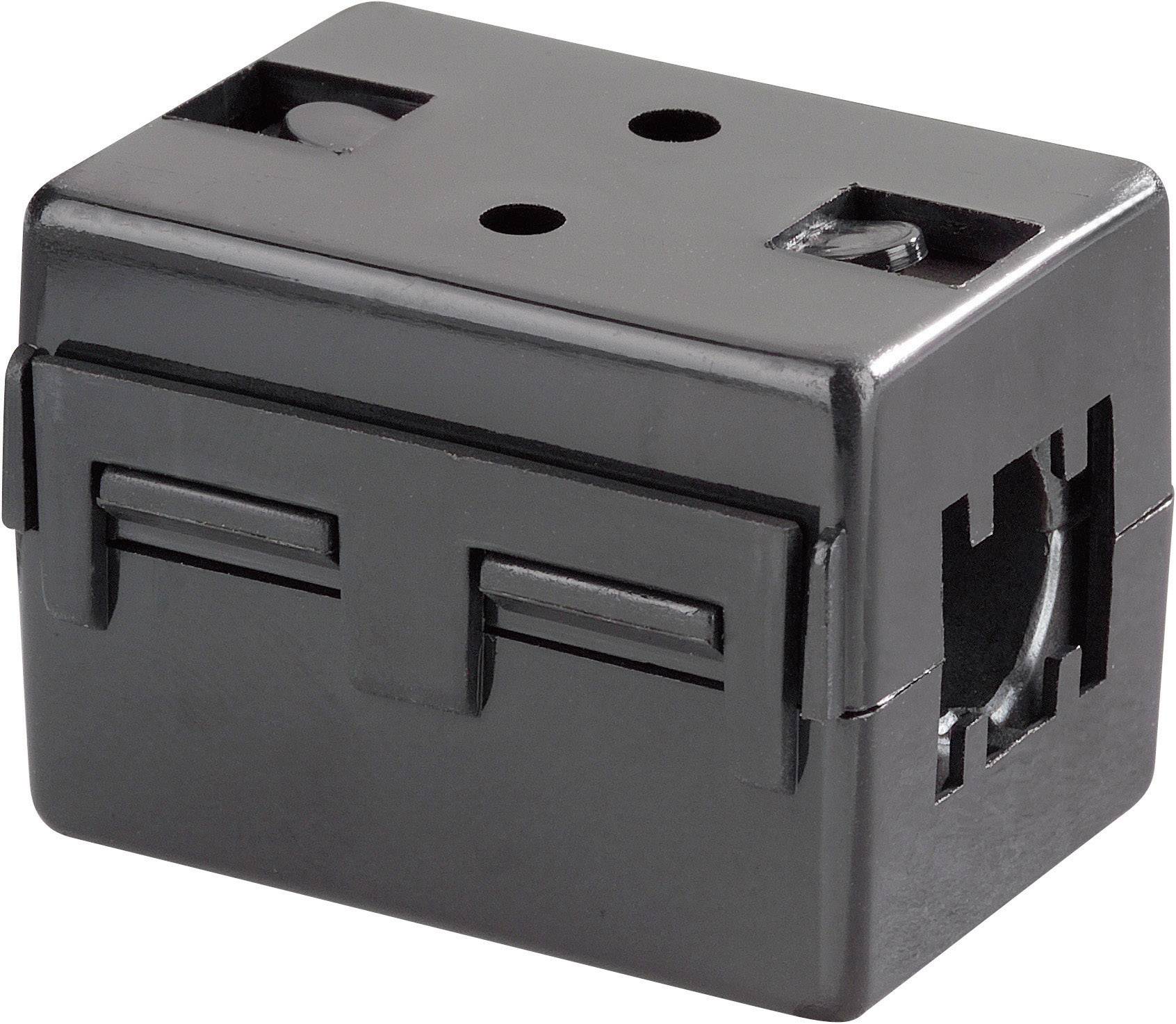 Schwarzes Kunststoffgehäuse mit Löchern und Schlitzen, rechteckige Form, möglicherweise für Elektronikkomponenten.