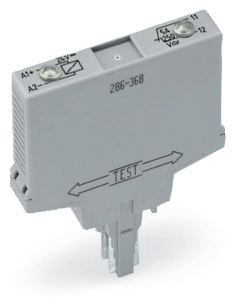 Elektrisches Relais mit der Aufschrift '286-368', Anschlüssen für '24V', '12V', und einem zentralen 'TEST'-Schalter.