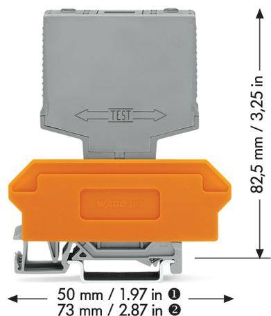 Grauer und orangefarbener Testadapter. Maße: 82,5 mm (3,25 in) hoch, 73 mm (2,87 in) breit, 50 mm (1,97 in) tief.