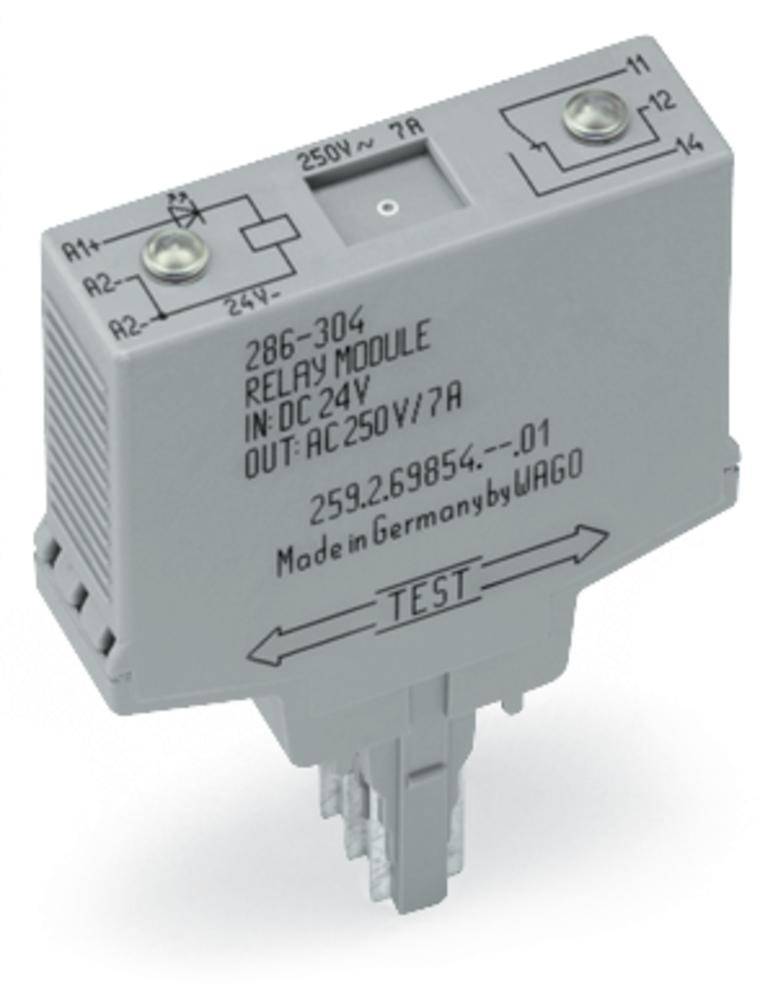 Ein graues Relaismodul mit der Aufschrift 'Relay Module, IN: DC 24V, OUT: AC 250V/7A, Made in Germany by WAGO' und einem Testknopf.