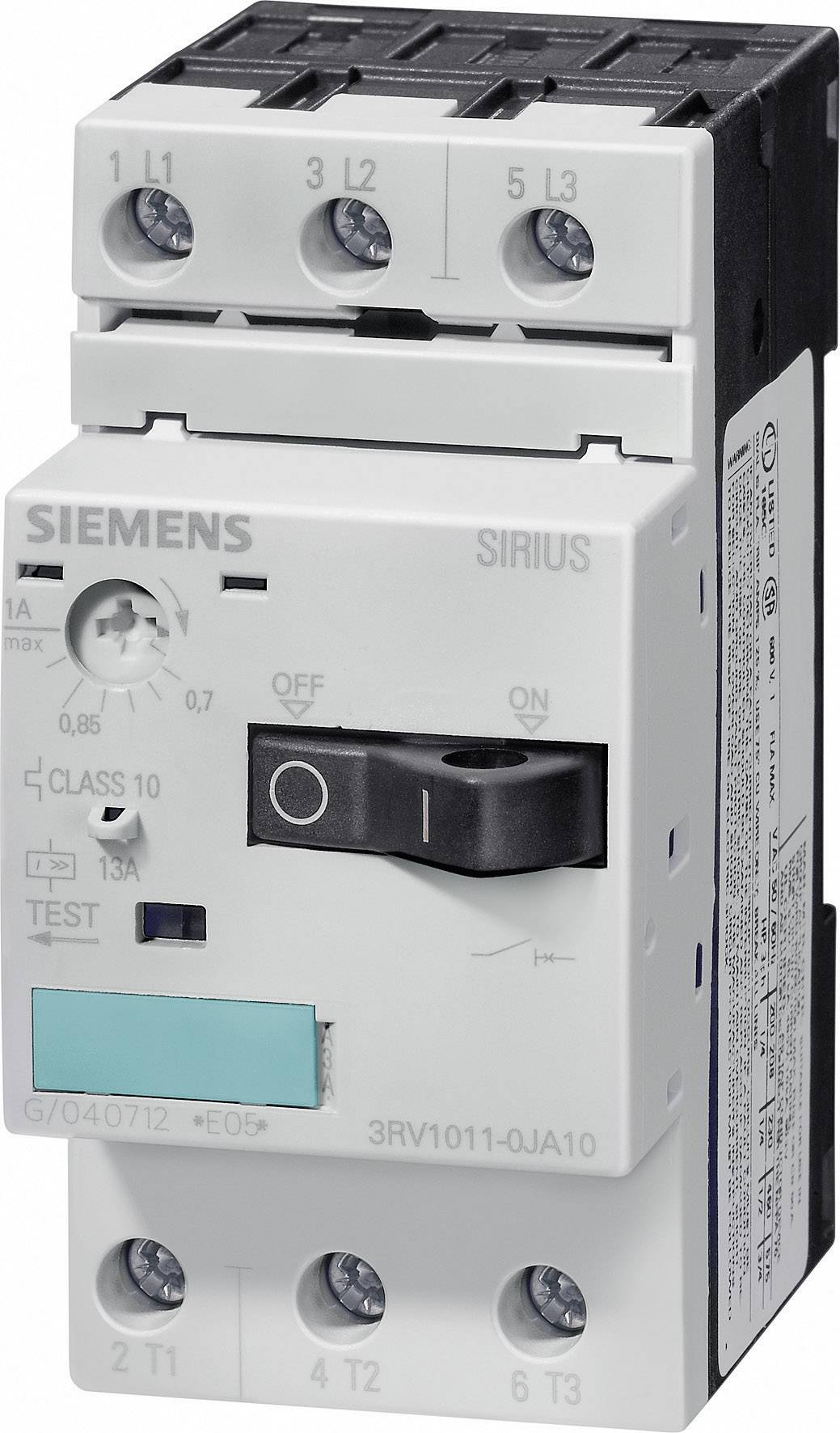 Ein elektrischer Schalter mit der Aufschrift 'Siemens Sirius', zeigt einen Umschalter von 'I' (Ein) auf 'O' (Aus), grünem Knopf für 'Test'.