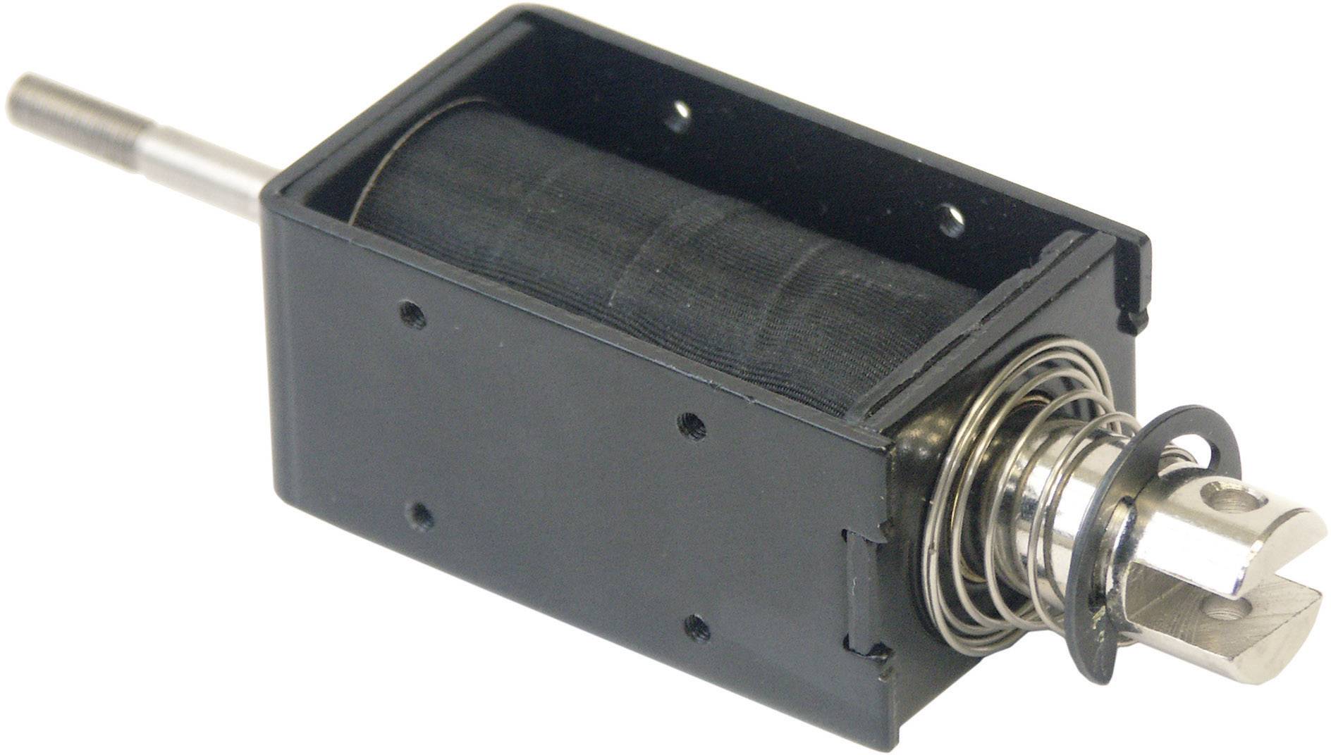 Rechteckiger Elektromagnet mit schwarzem Metallgehäuse, sichtbarer Wicklung und Stößel. Verwendet zur Erzeugung linearer Bewegung.