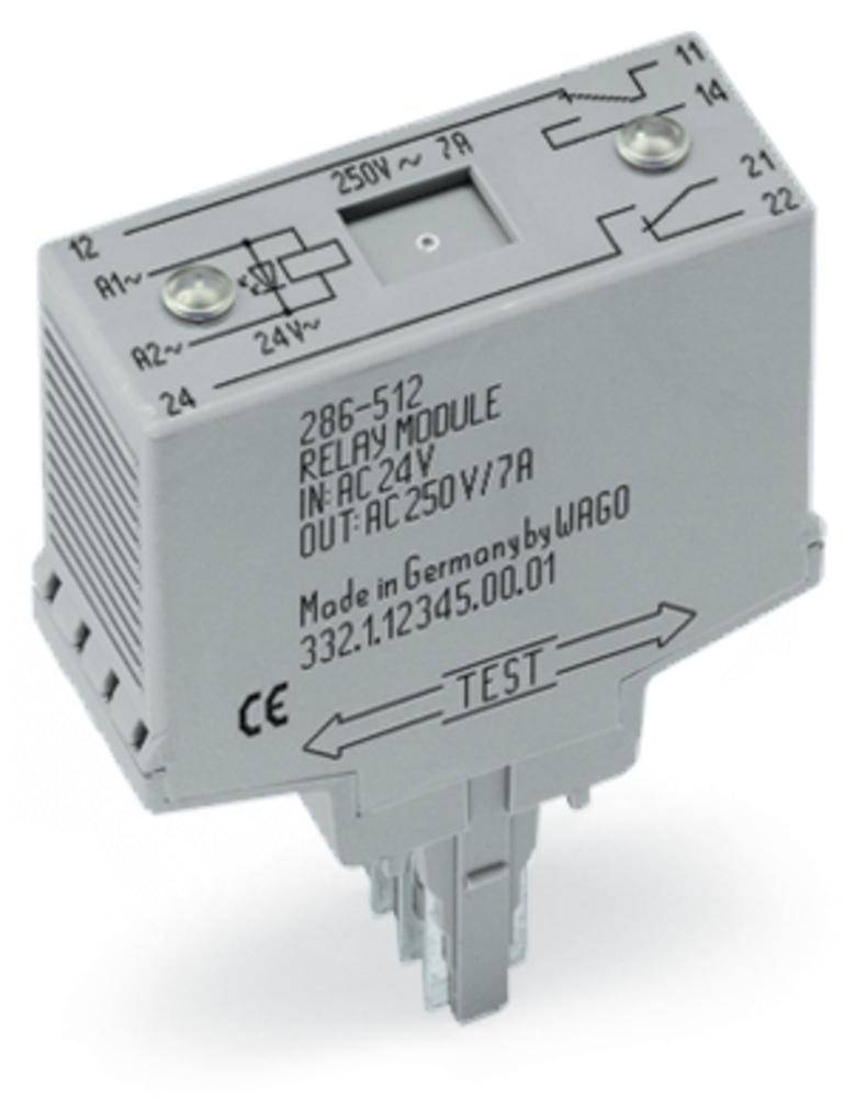 Relaismodul mit Beschriftung '286-512 Relay Module' und technischen Spezifikationen. Eingang: AC 24V. Ausgang: AC 250V/7A. Hersteller: WAGO.