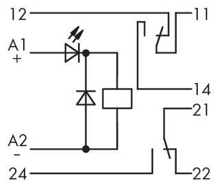 Schaltplan eines Relais mit Diode. Anschlüsse 12, 11, 14, 21, 22, 24, A1 (+) und A2 (-) sind dargestellt. Dioden symbolisieren Schutz.