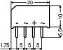 Schema eines elektronischen Bauteils mit vier Anschlussstiften. Kennzeichnet negative, Wechselspannungs- und positive Anschlüsse. Maße: 20x10 mm.