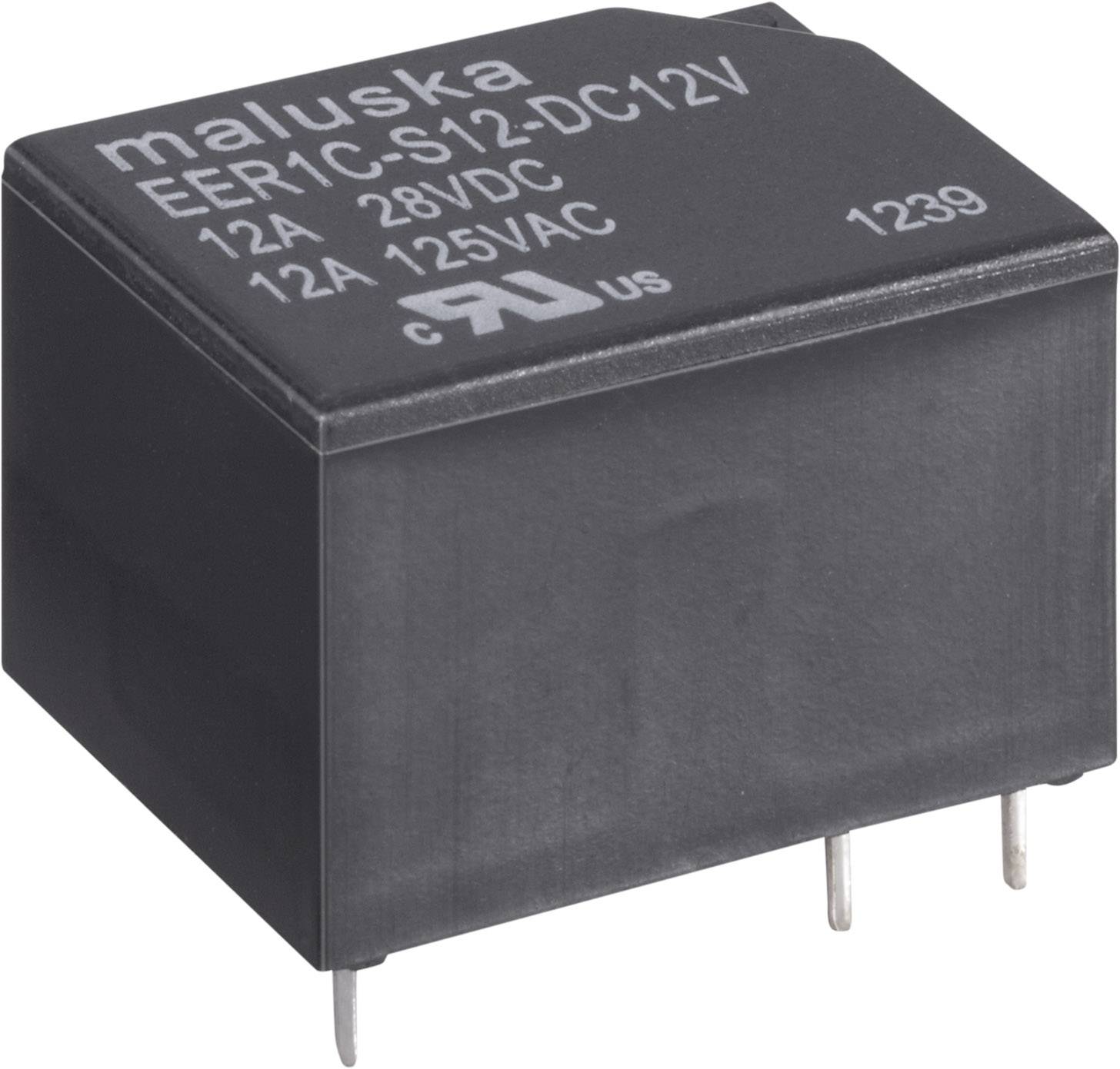 Schwarzes Relais mit Beschriftung: 'maluska EER1C-S12-DC12V', Spezifikationen: 12A 28VDC, 12A 125VAC, Modellnummer: 1239.