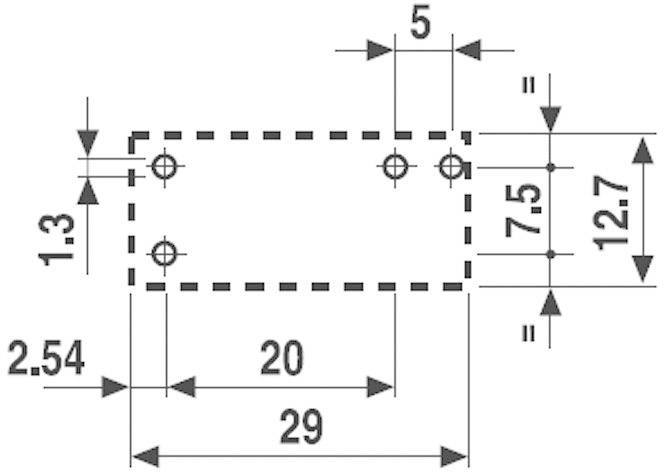 Technische Zeichnung eines rechteckigen Blechs mit den Maßen 29x12,7 mm. Bemaßungen und Bohrlöcher sind eingezeichnet.