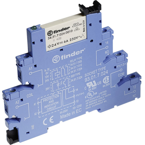 Finder 38.61.0.024.0060 Module relais Tension nominale: 24 V/DC, 24 V/AC Courant de commutation (max.): 6 A 1 inverseur (RT)