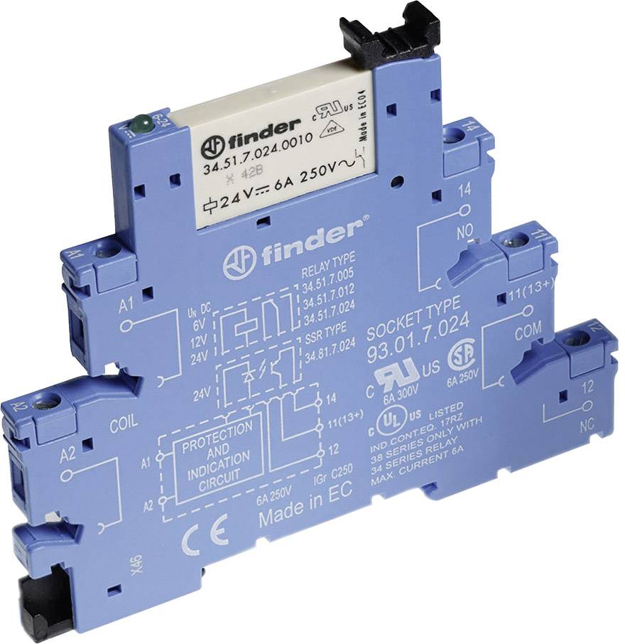 Ein blaues elektrisches Relais mit der Bezeichnung 'finder'. Zeigt Schaltplan und technische Daten wie Nennspannung 250V und 6A.