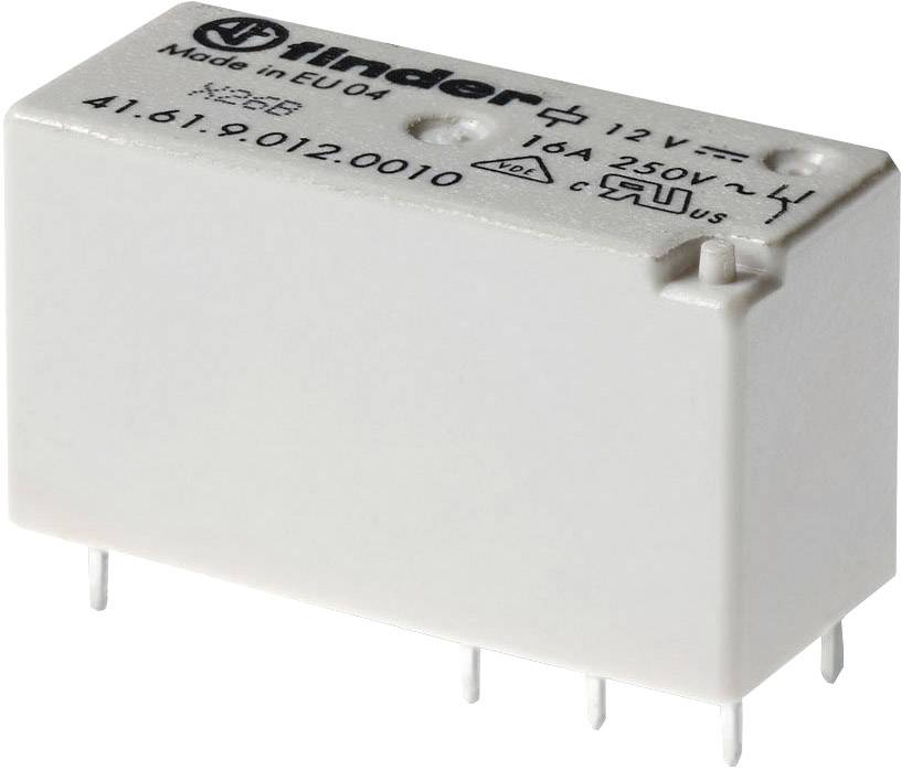 Weißes elektromagnetisches Relais mit der Aufschrift 'Finder' und technischen Spezifikationen. Geeignet für Schaltungen bis 250V.
