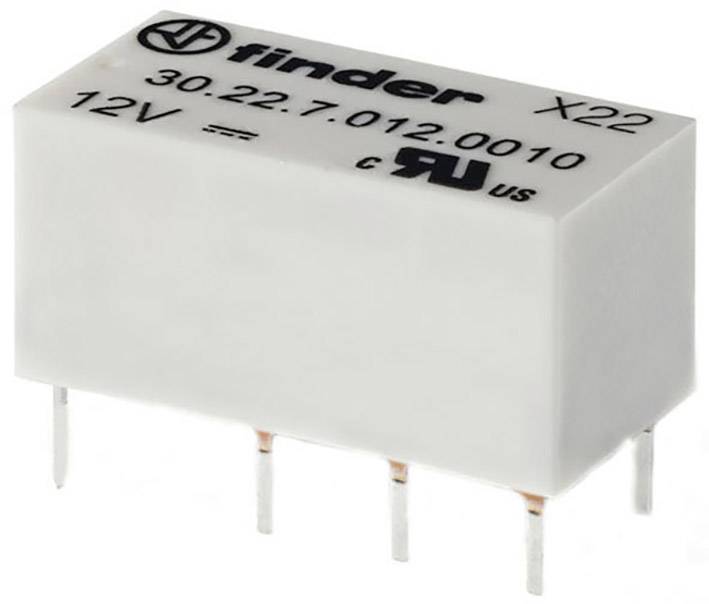 Ein weißes elektromechanisches Relais mit der Aufschrift 'finder X22', Modellnummer '30.22.7.012.0010', 12 Volt. Vier Metallpins ragen heraus.