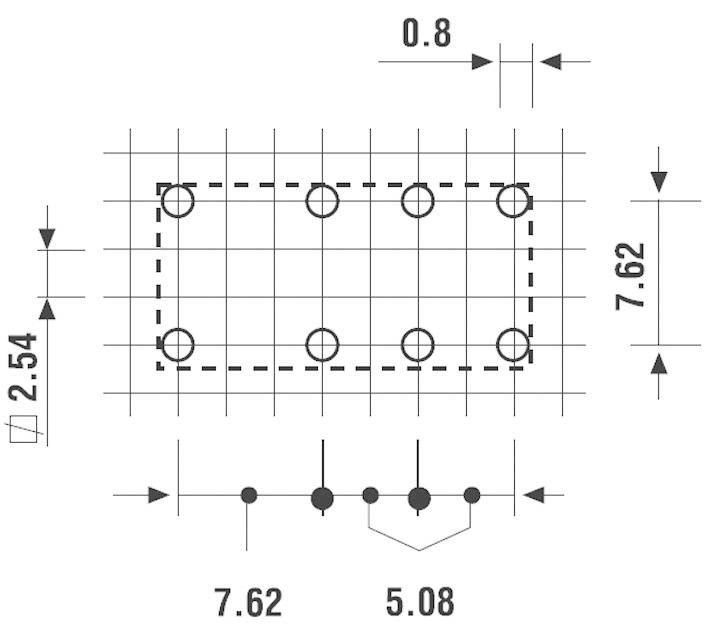 Technische Zeichnung eines Mikrochip-Pinlayouts mit spezifischen Abmessungen: 7,62 mm Länge, 2,54 mm Höhe, und Pin-Abstand von 0,8 mm.