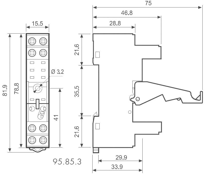 Technische Zeichnung eines elektrischen Relaisbausockels mit Abmessungen in Millimetern. Seiten- und Vorderansicht mit spezifischen Maßen.