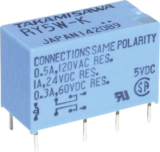 Ein blauer elektrischer Relaiswürfel mit der Aufschrift 'RY5W-K', Anschlussdetails und Stromspannungen. Sechs Steckverbindungen sind sichtbar.