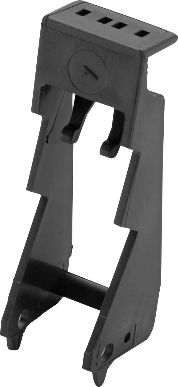 Schwarzer Kunststoffclip mit zwei Greifarmen, geeignet zur Befestigung oder Halterung in technischen oder elektronischen Anwendungen.