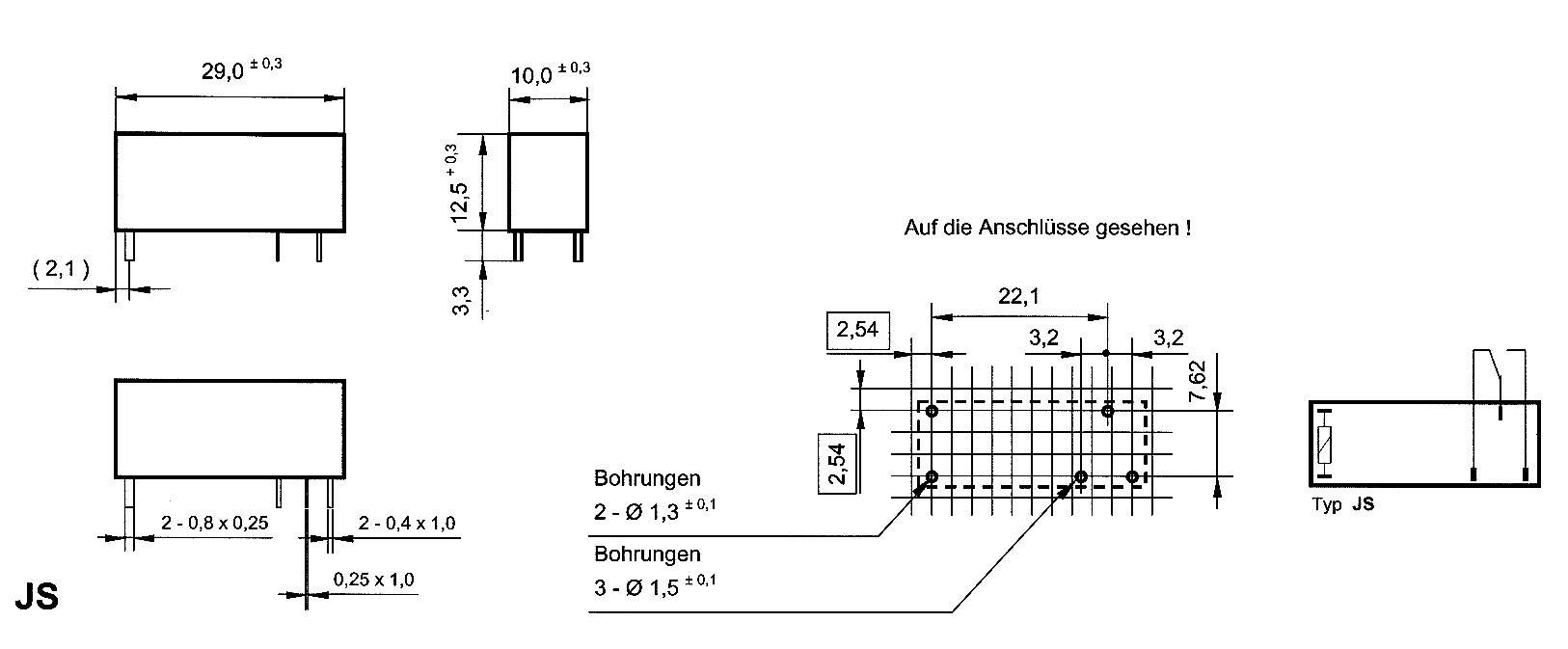 Technische Zeichnung eines elektronischen Bauteils mit Abmessungen und Bohrlochpositionen. Seitenansicht und Draufsicht. Modell JS.